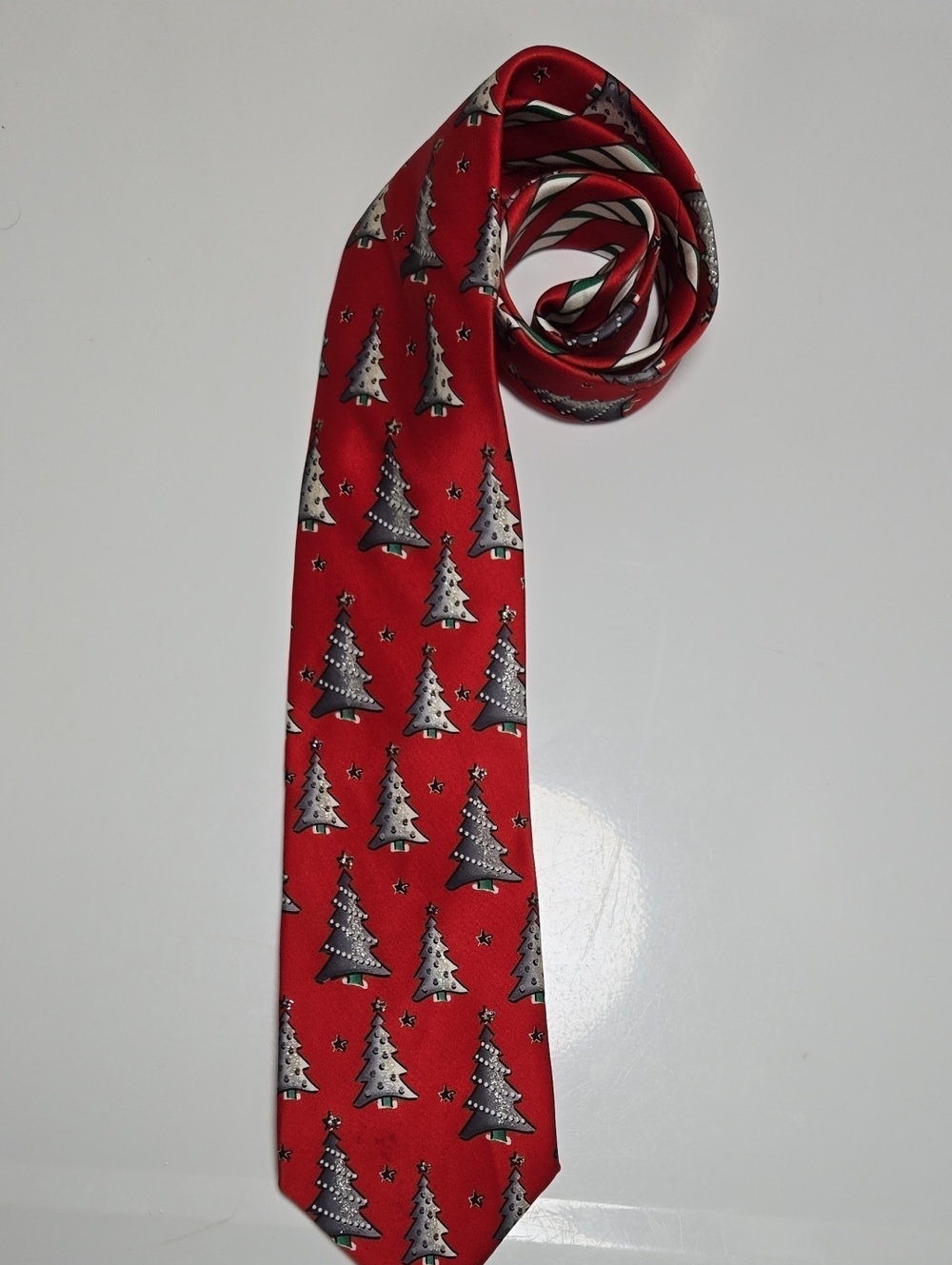 Festive Red Men's Tie with Silver Christmas Tree Motif